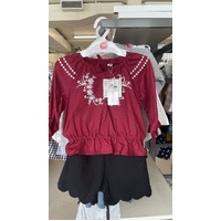 Elfindoll Japan 100% Cotton Girl Long Sleeve Top Size 90cm (Dark Red with White Flower)- 西松屋